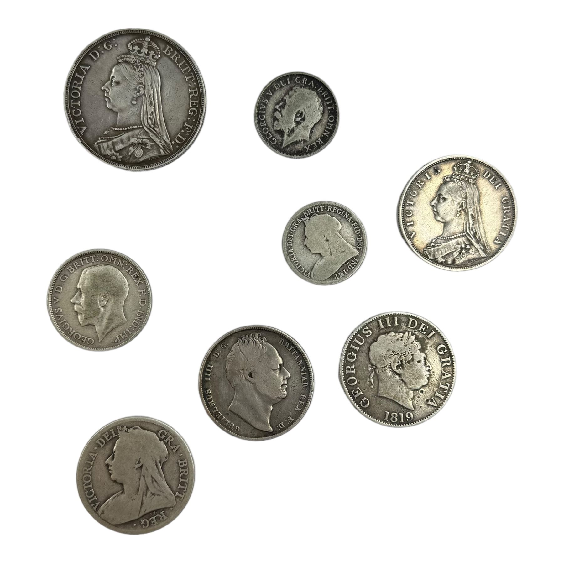 Approximately 100 grams of Great British pre 1920 silver coins, including George III 1819 halfcrown, William IIII 1836 halfcrown, Queen Victoria 1889 crown etc