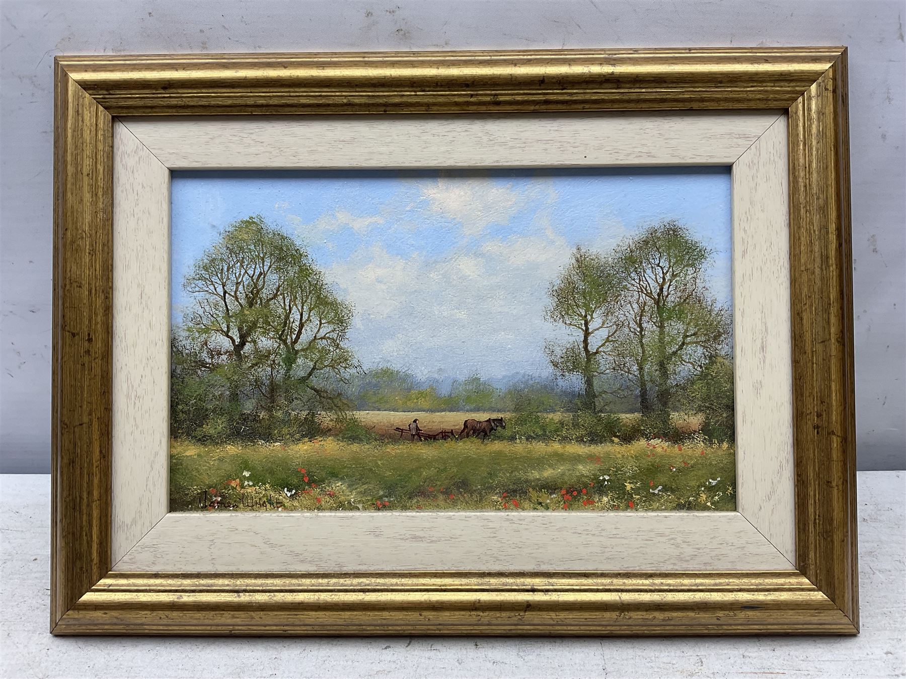 James Wright (British 1935-): 'Birch Farm' 'Ploughing Team' 'Time for Rest' 'South Mill' 'Copley Thorns' Norfolk Landscapes, set of five oils on board signed, titled on labels verso max 17cm x 27cm (5)