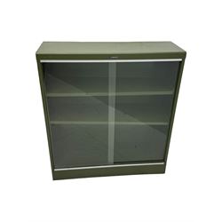 Mid-20th century 'Leabank' metal display cabinet, two sliding glass doors enclosing two adjustable metal shelves, olive green finish with chrome trim