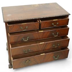 Georgian design mahogany chest, rectangular top with floral and ribbon-twist moulded edge, fitted with two short over three long graduating cock-beaded drawers, on acanthus carved cabriole supports with ball and claw feet