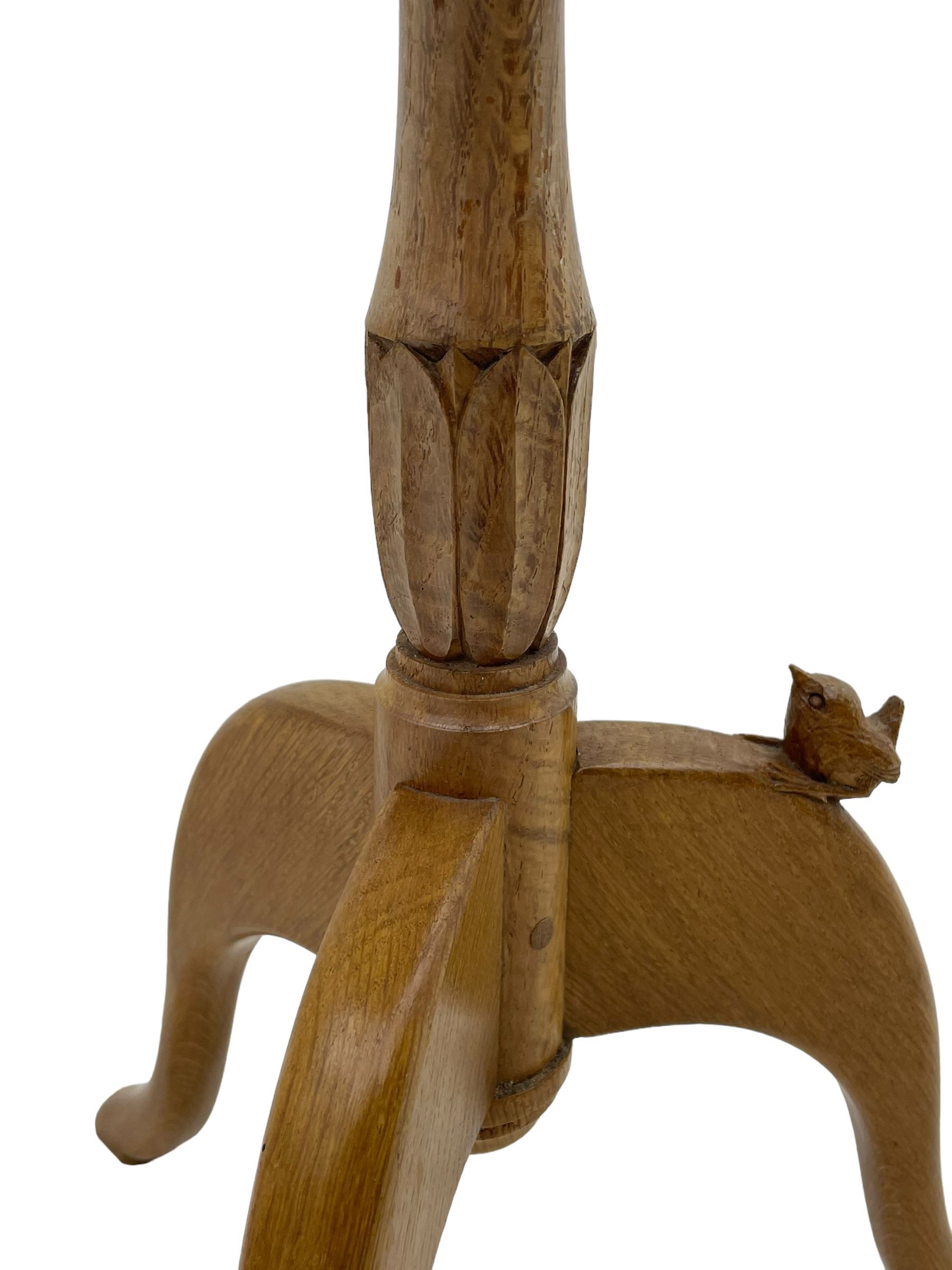 Wrenman - oak tripod wine table, circular moulded top on turned stem carved with leaves, on three shaped splayed supports, carved with wren signature, by Robert 'Bob' Hunter, Thirlby, Thirsk