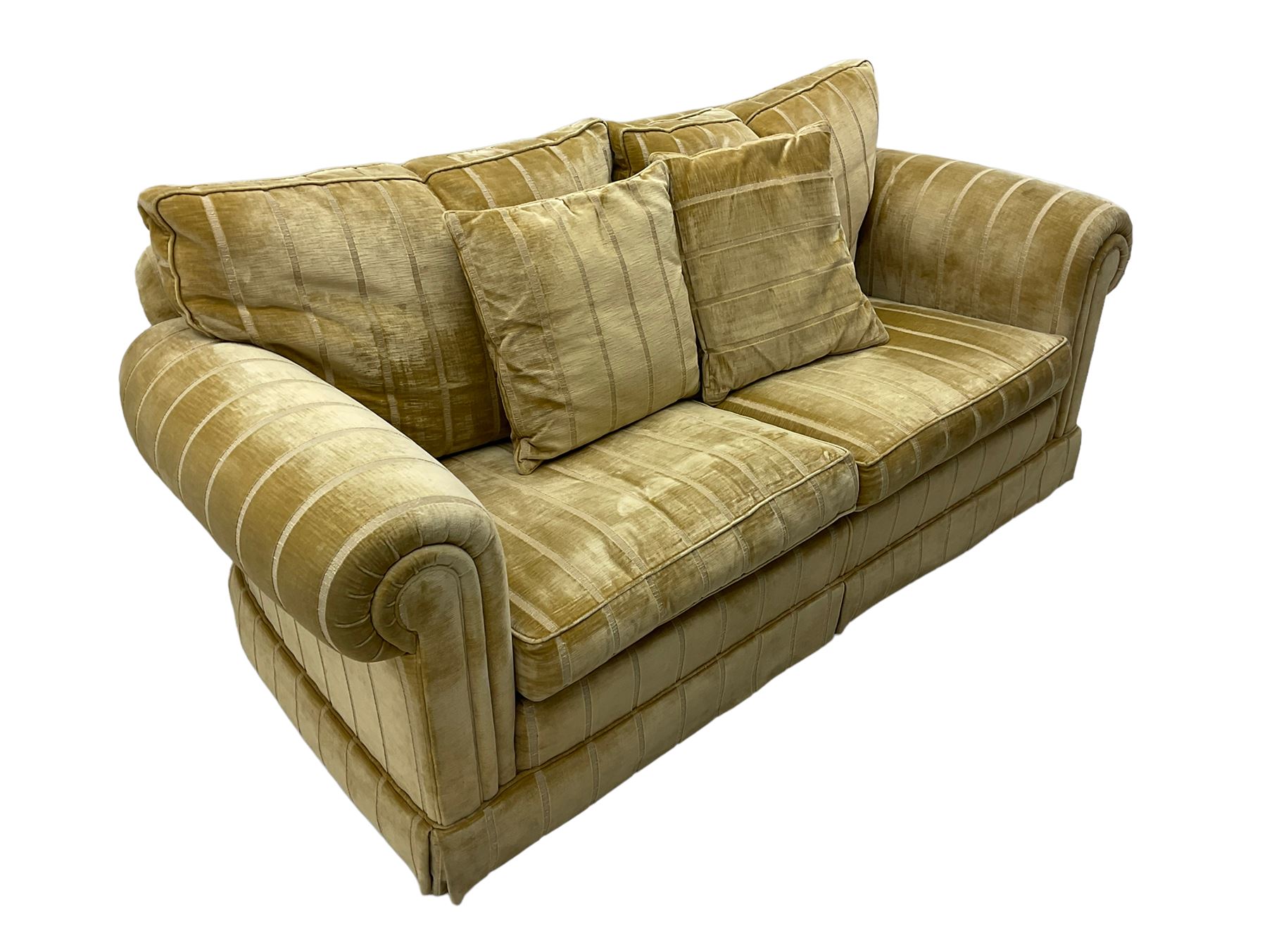 Duresta England - two-seat sofa, upholstered in pale gold fabric, traditional shape with rolled arms