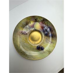 Early 20th century Royal Worcester cup and saucer decorated by Thomas Lockyer, the interior of the cup and the saucer decorated with fruit to a mossy background, with puce printed mark beneath 