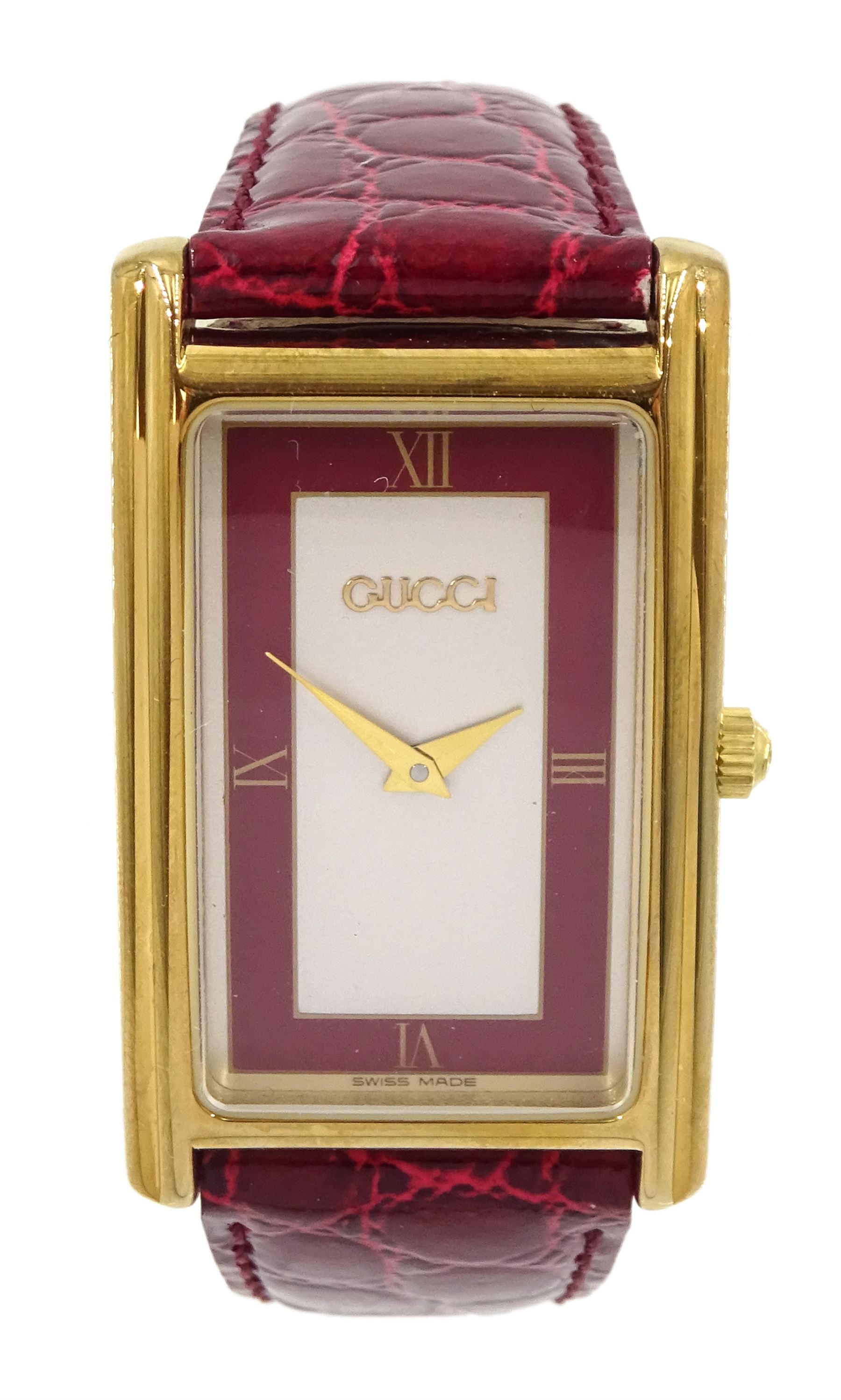 Gucci gold-plated rectangular quartz wristwatch, Ref. 2600M, red