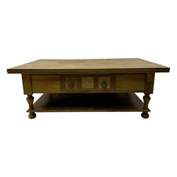 Barker & Stonehouse 'Flagstone' range mango wood coffee table, fluted rectangular top with marquetry inlay, over two drawers with turned supports connecting undertier, raised on bun feet 