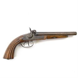 Mid 19th century double-barrelled Italian percussion pistol, smooth, round, 14 mm cal. bar...