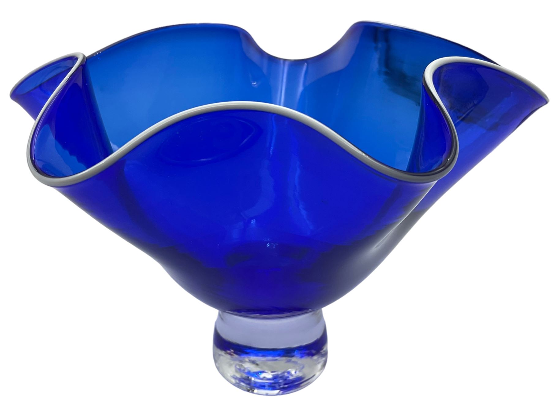 Gillies Jones of Rosedale dark blue glass vase with crimped rim on a short pedestal foot, signature to base, H11cm