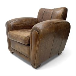 Rockson - club armchair, dished cresting rail over curved arms, upholstered in brown stitched leather, on block feet