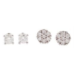 Pair of white gold single stone round brilliant cut diamond stud earrings and one other pair of white gold diamond cluster stud earrings, both hallmarked 9ct 