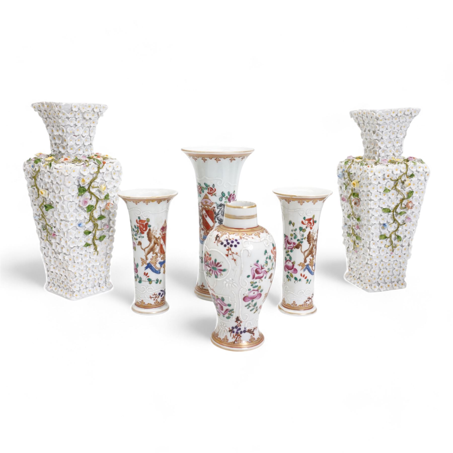 Pair of Ernst Bohne Söhne flower encrusted vases, of square section form, H19cm together with four Samson porcelain armorial vases (6)