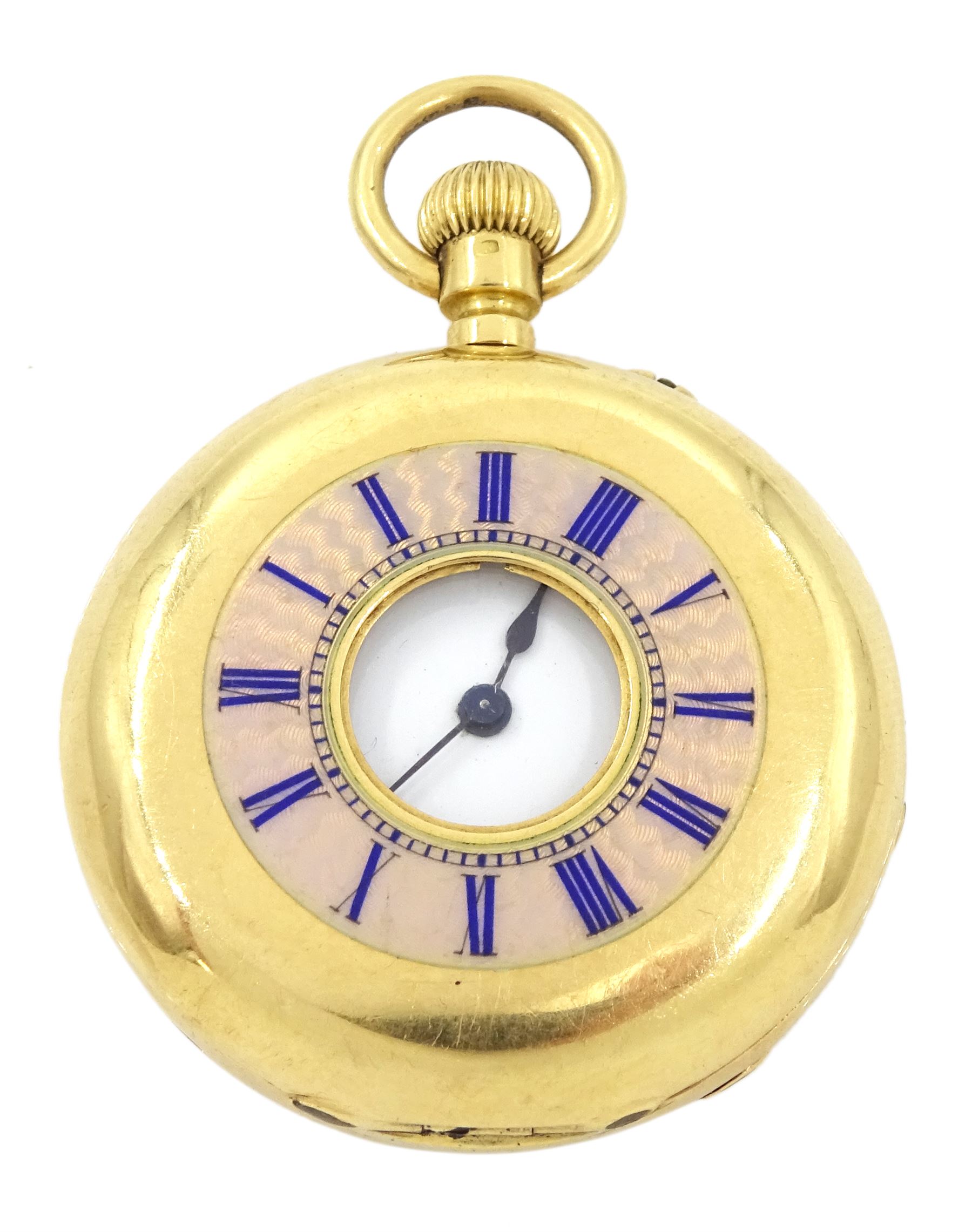 Early 20th century 18ct gold and pink enamel half keyless lever fob watch by Boxell, Brighton, white enamel dial with Roman numerals, back case monogrammed, stamped  K18 with Helvetia hallmark