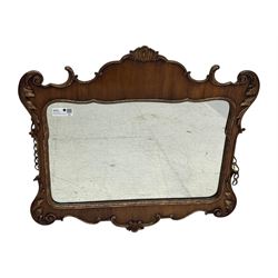 Georgian design walnut and parcel gilt fretwork wall mirror (76cm x 73cm); Chippendale design mahogany fretwork wall mirror, carved with Ho-Ho bird pediment (54cm x 93cm)