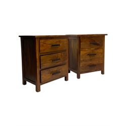 Pair of hardwood three-drawer bedside chests