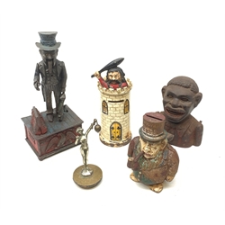 Four cast iron novelty money boxes, largest H28cm, together with a car mascot modelled as a female figure, H13cm, 