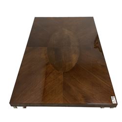 Malerba - Italian burr walnut and chrome coffee table, rectangular top with central oval inlaid panel, raised on chrome square supports united by stretchers, retailed by Harrods