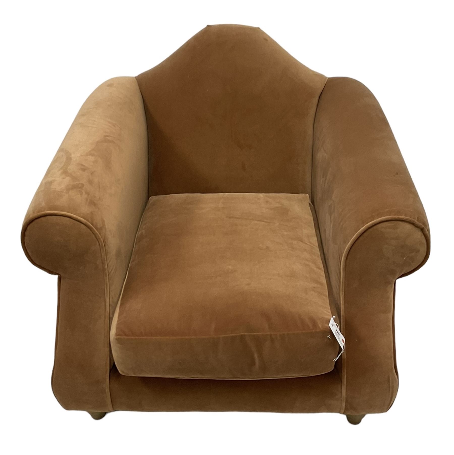 Loaf - hardwood-framed armchair, camelback and rolled arms, upholstered in rust velvet fabric, on turned oak front feet