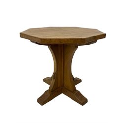 Mouseman - oak occasional table, octagonal adzed top, cruciform pedestal on sledge feet, carved with mouse signature, by the workshop of Robert Thompson, Kilburn 