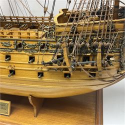 Large kit built scale model of 17th century Royal Navy warship 'HMS Sovereign of the Seas', upon wooden stand with engraved name plaque, H91cm, W111cm