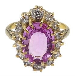 Early-mid 20th century gold pink tourmaline and old cut diamond cluster ring, stamped 18ct