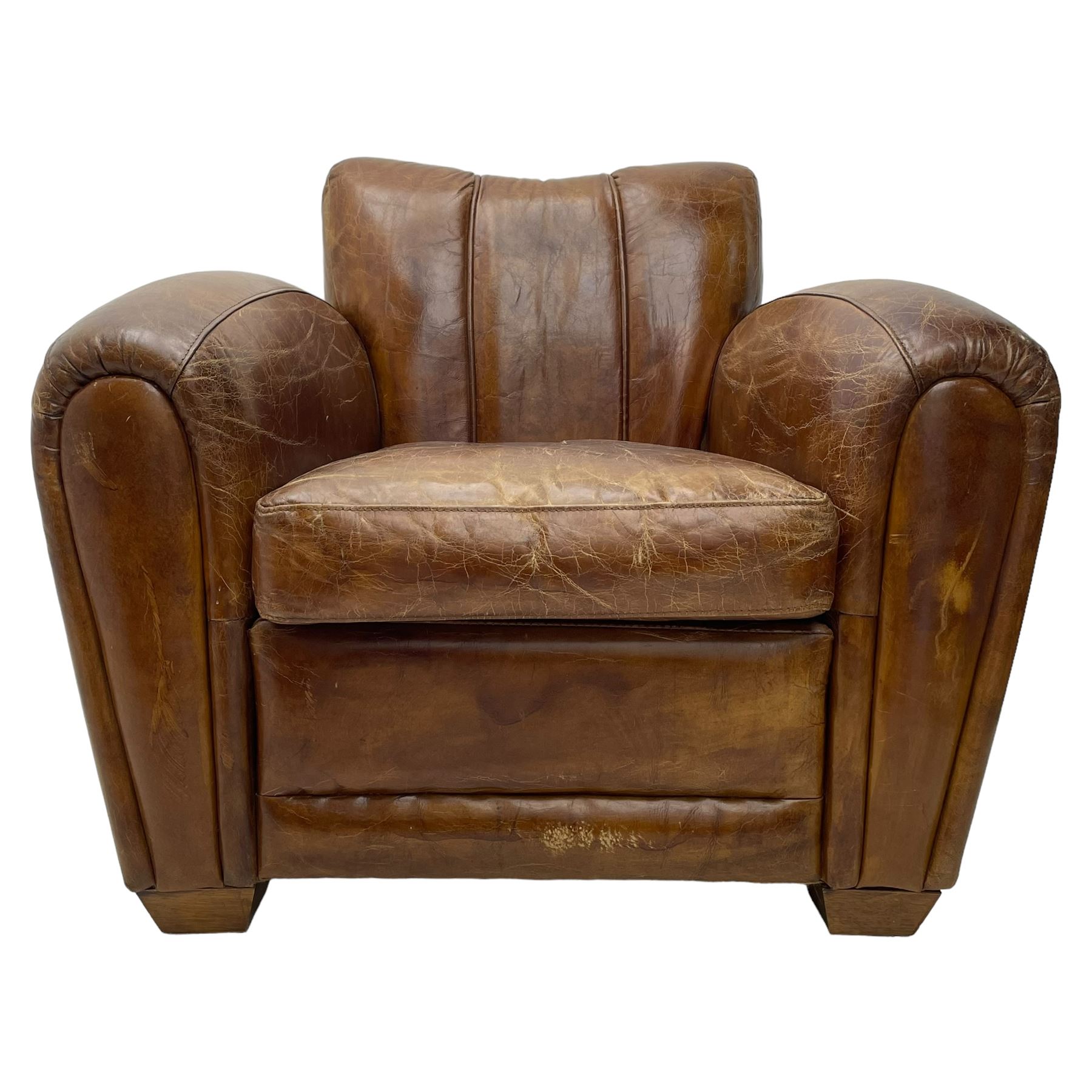 Rockson - club armchair, dished cresting rail over curved arms, upholstered in brown stitched leather, on block feet