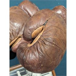 Signed photograph of British boxer Freddie Mills, together with a framed print of boxers Joe Louis and Billy Conn, a signed picture of Giacomo Agostini and a pair of 1930s brown leather boxing gloves