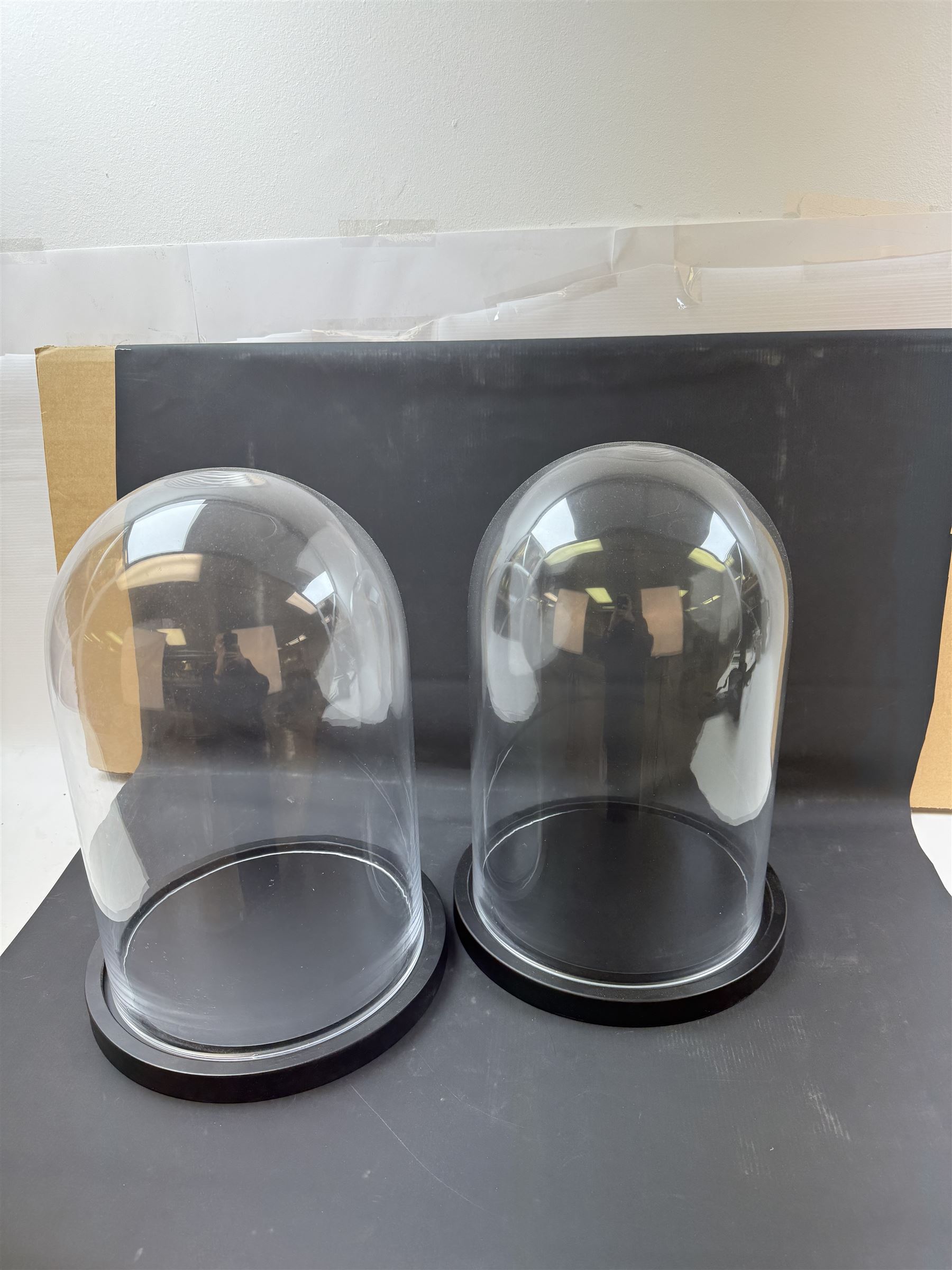 Pair of glass dome upon circular base, H41cm