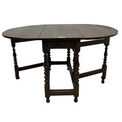 18th century country oak drop-leaf table, oval top, fitted with single drawer, raised on double gate-leg action bobbin-turned supports, united by stretchers