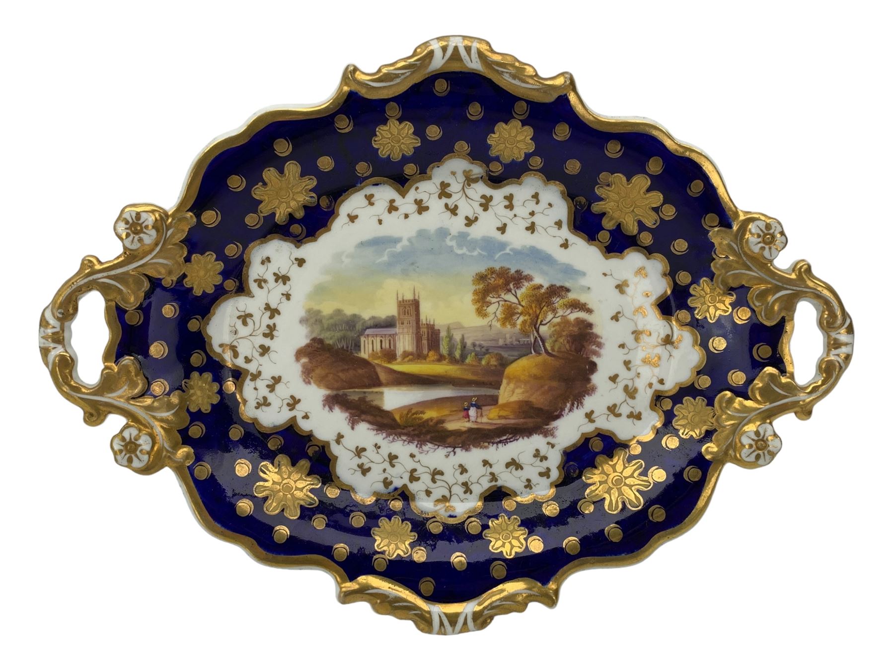 Early 19th century Ridgway twin handled oval dish, hand painted with figures in a river landscape, within a cobalt blue and moulded border, L30cm together with a similar twin handled serving dish, L28cm (2)