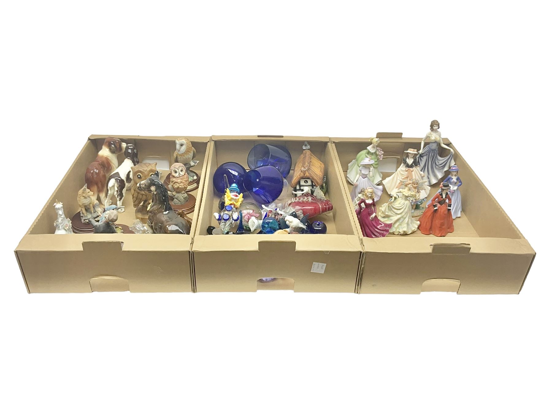 Five Royal Worcester figures including Emma and Felicity, together with similar figures, glass animals, paperweights, Murano glass clown, and a collection of animal figures, etc, in three boxes