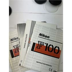 Collection of Nikon cameras, to include F60 serial no. 2574507, boxed, F70 serial no. 2807667, F75 serial no. 2062602, with an AF Nikkor 28-100mm 1:3.5-5.6 G lens serial no. 2166614, two F80 examples serial nos. 2553343 & 2777869, two F90X examples serial nos. 2209737 & 2438888, one boxed and an F100 serial no. 2051550