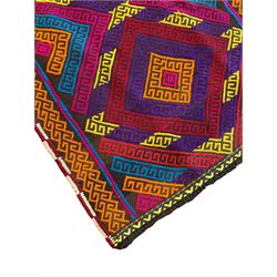 Flatweave geometric design runner rug, decorated with trailing lozenges decorated with hooked motifs, within zig-zag bands, bright multi-coloured ground 