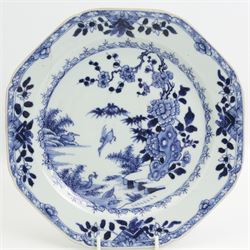 Pair of 18th century Chinese Export octagonal form blue and white plates, together with a similar plate, centrally decorated in polychrome enamels with a landscape scene, W22cm (3)