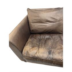 Collins & Hayes - contemporary grande three-seater sofa upholstered in brown leather, with curved arms and standing on tapering feet