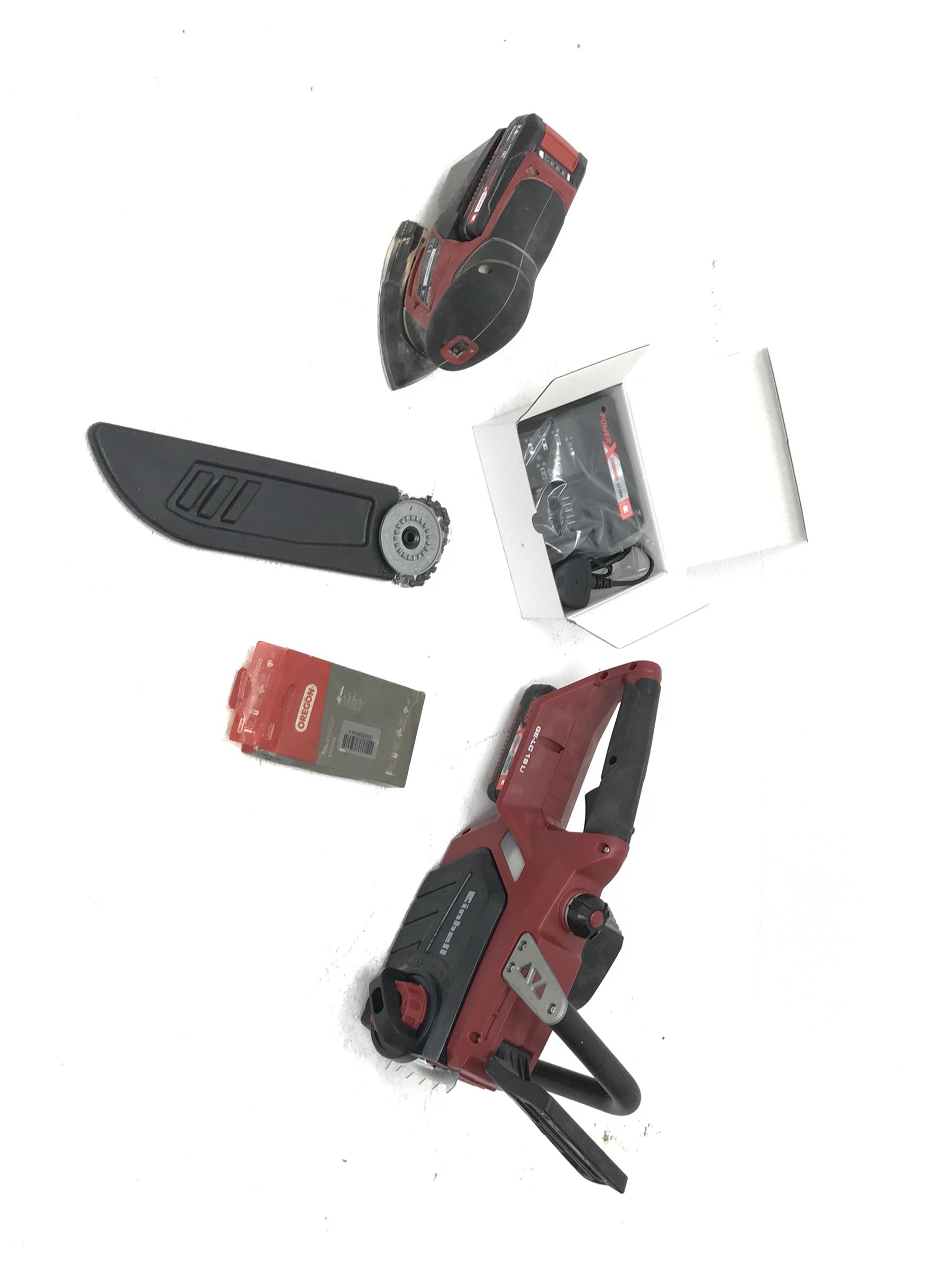 *Einhell GE-LC 18 Li cordless chainsaw and Einhell TE-OS 18/1 Li hand sander, with two batteries and charger 