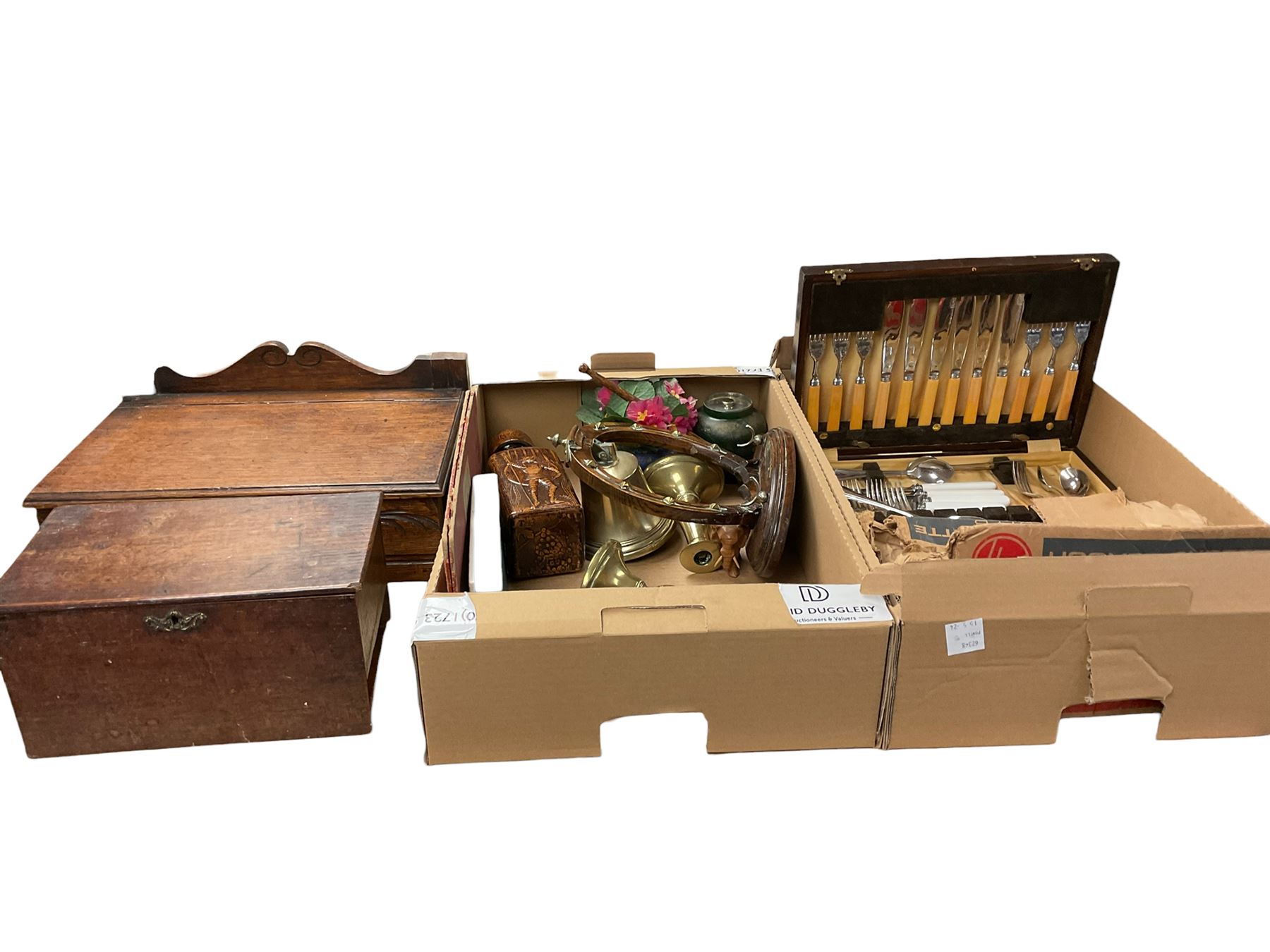 Oak writing box, together with another oak box, canteen of cutlery and other collectables 