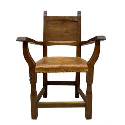 Gnomeman - set of eight (6+2) oak dining chairs, adzed panelled back over tan leather upholstered seat with applied stud band, on square supports united by plain stretchers, each chair carved with gnome signature, by Thomas Whittaker, Littlebeck, Whitby