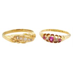 Early 20th century gold five stone diamond ring and a 15ct gold pink and clear paste stone set ring, Chester 1896