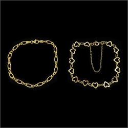 Gold heart link chain bracelet and a gold fancy twist link bracelet, both 9ct 