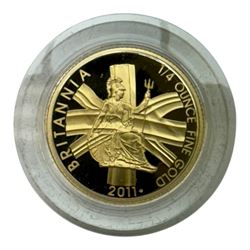 Queen Elizabeth II 2011 gold proof quarter ounce Britannia coin, cased with certificate