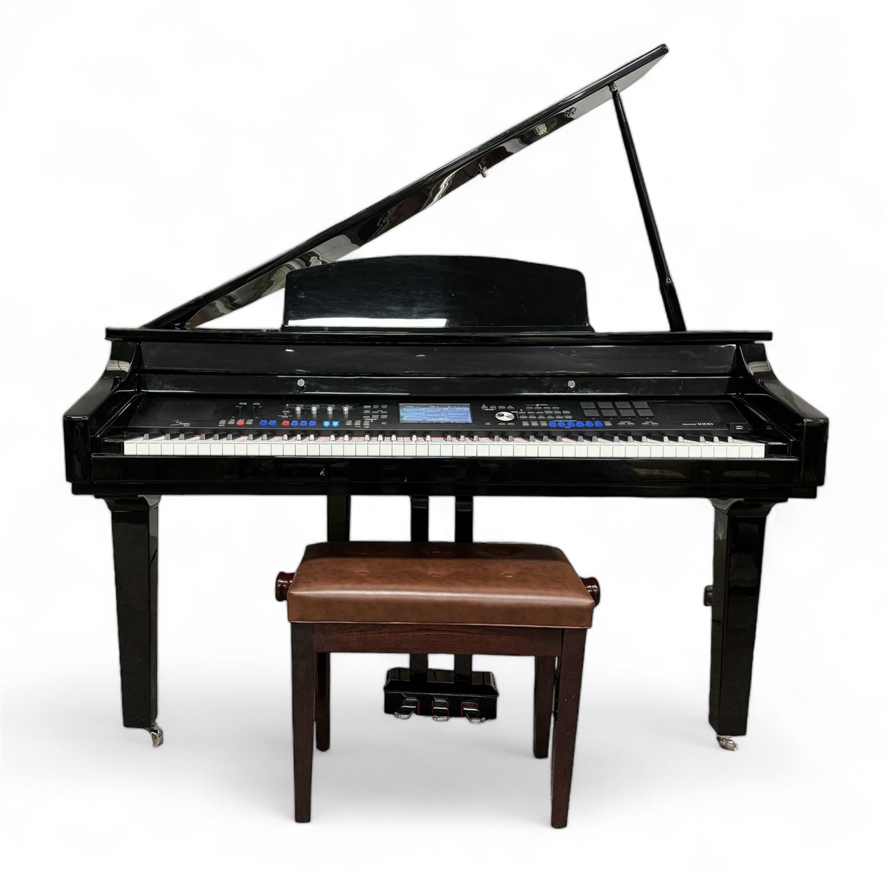 Minster Pianos - Grand 1000 digital grand piano with three foot pedals, touchscreen LCD display, 88 hammer action keys and 8 touch sensitive pads, housed within glossy black lacquered case; adjustable brown upholstered stool