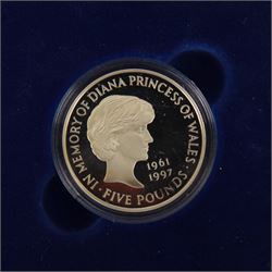 Four The Royal Mint United Kingdom silver proof five pound coins, comprising 1997 'In Memory of Diana Princess of Wales', 2000 'Queen Elizabeth The Queen Mother Centenary Year' piedfort, 2001 'Victorian Anniversary Crown' and 2002 '1900-2002 Her Majesty Queen Elizabeth The Queen Mother' all cased with certificates