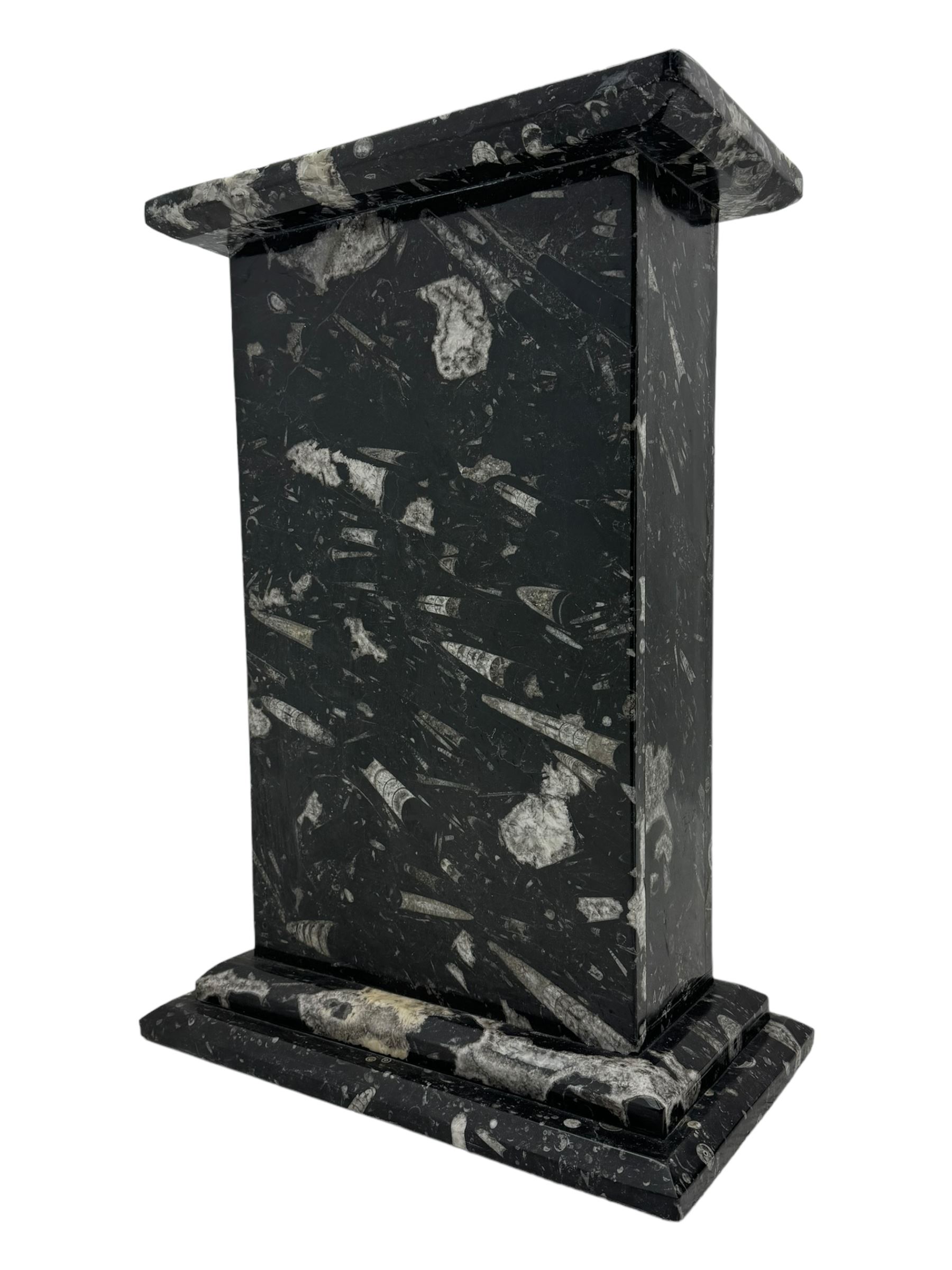 Marble hall table with orthoceras and goniatite inclusions, the rectangular top upon two rectangular stepped plinths, H78cm, L135cm, D77cm