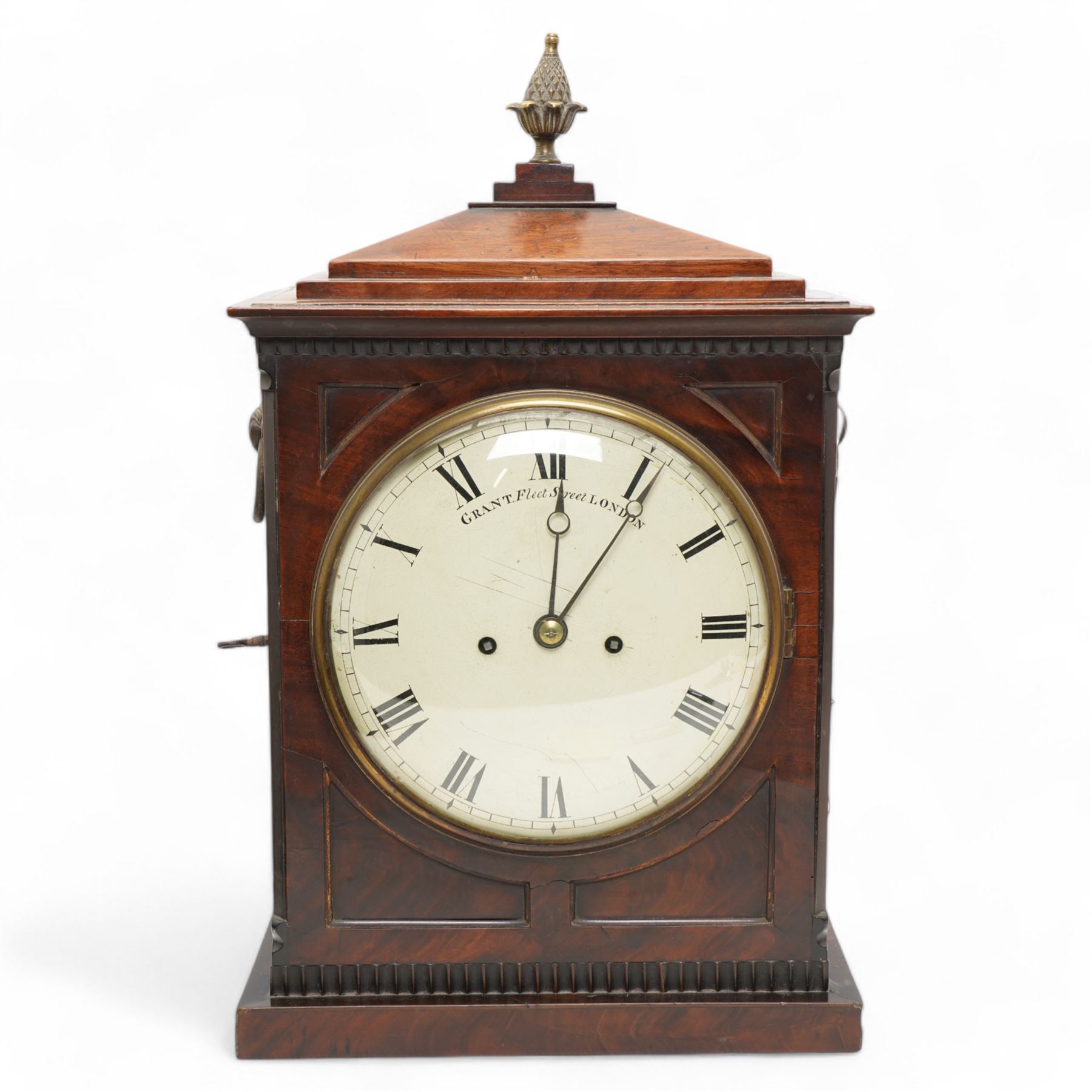 John Grant (II) Fleet Street, LONDON-Regency mahogany and gilt brass mounted 8-day striking table clock c1820, sides with cornucopia loop handles above fishscale sound frets and a glazed rear door, 8