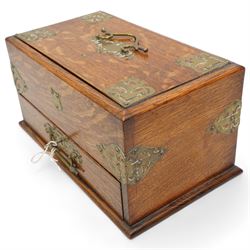 Victorian brass bound oak smokers box, sliding top and single drawer with brass swing handle and vacant plaque, L32cm x H16.5cm