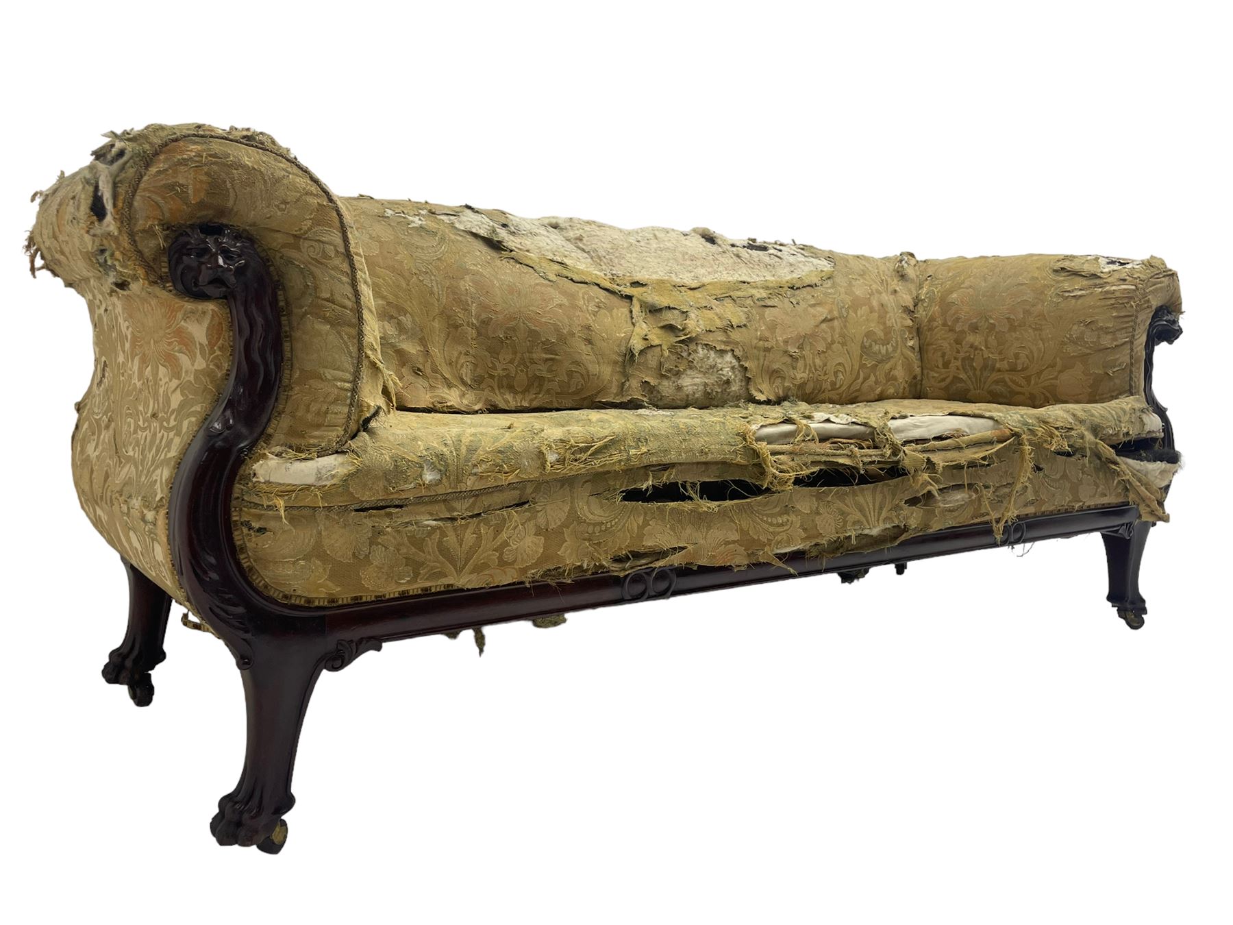 19th century mahogany settee, rolled S-scrolled arms carved with lion masks and acanthus leaf scrolls, the lower moulded rail carved with scrolling design, raised on carved paw feet with recessed brass and ceramic castors 