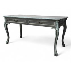 20th century painted hardwood console table, rectangular top in distressed pale blue finis...