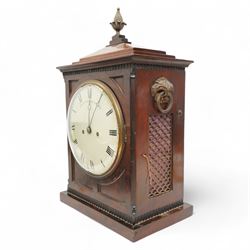 John Grant (II) Fleet Street, LONDON-Regency mahogany and gilt brass mounted 8-day striking table clock c1820, sides with cornucopia loop handles above fishscale sound frets and a glazed rear door, 8