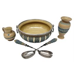 Five pieces of Doulton Lambeth silicon, comprising  salad bowl with plate mounted rim and handles, a pair of similar salad servers, vase and jug, jug H16cm