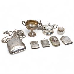 Silver purse on rope twist chain Birmingham 1918, small silver challenge cup, plated vesta...