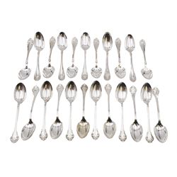 Two sets of twelve late 19th/ early 20th century American silver coffee spoons, the first set with engraved initial to terminal within scrolling border and engraved date verso, the second set with embossed floral decoration to handles, all stamped Sterling 